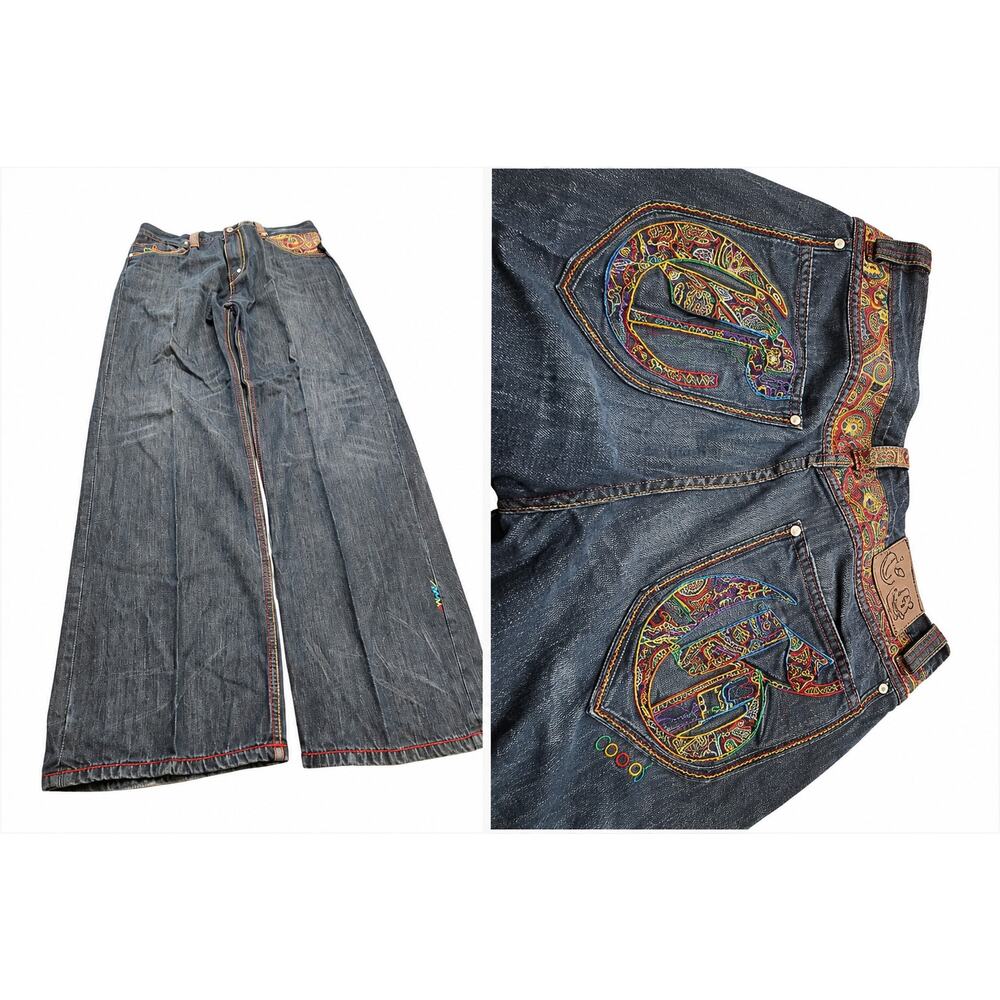Coogi Wide Leg Jeans Mens 38x34 Blue Embroidered Paisley Pocket Denim Y2K Baggy
